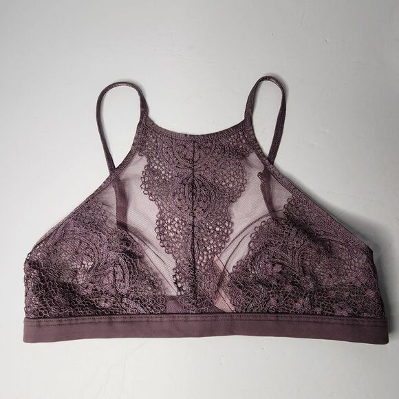 Victoria's Secret High Neck Bralette Size Small Purple Lace Sheer Clasp Back - Picture 1 of 5